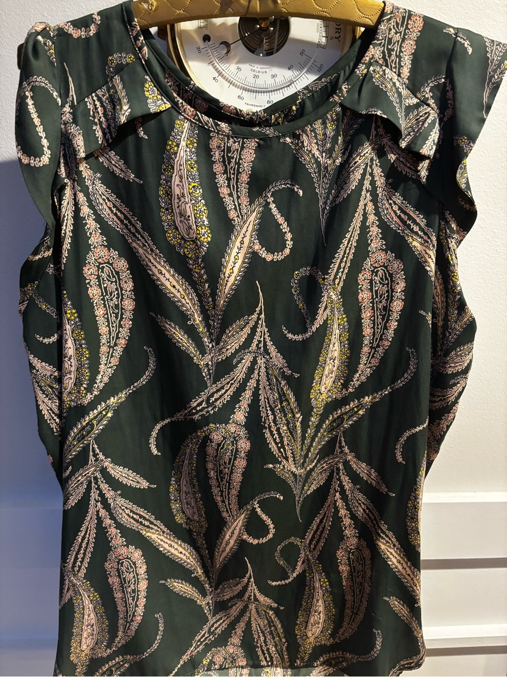 LOFT Dark Green Paisley Sleeveless Ruffle Shoulder Top